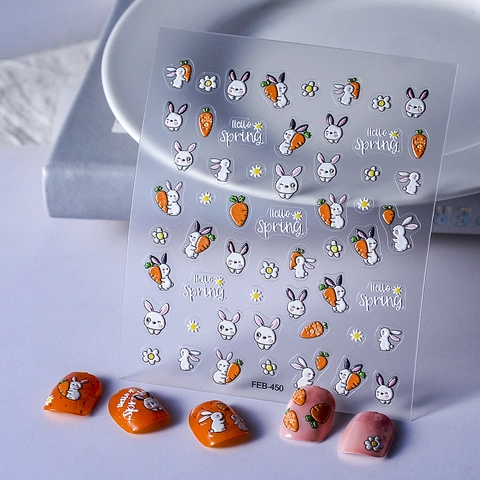 5D Embossed Nail Stickers Cute Cartoon Rabbit Carrot Flower Patterns DIY Self Adhesive Nail Art Decals For Women Fashion