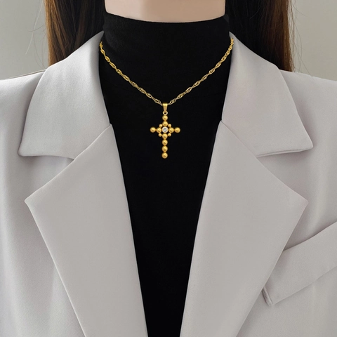 Collier Pendentif Croix En Acier Inoxydable Plaqué Or Minimaliste Avec Détail En Cristal Strass Chaîne À Boules Femmes