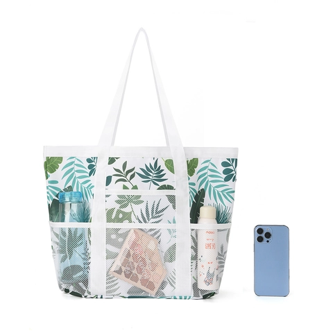 Grand Sac de Plage en Maille Grande Capacité Multi-Poches Rangement Jouets Voyage Sac à Main Femme Imprimé Tropical