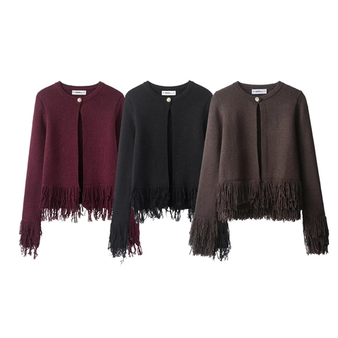 Cárdigan De Punto Para Mujer Manga Larga Cuello Redondo Con Flecos Borlas Botón Dorado Poliéster Spandex Color Sólido
