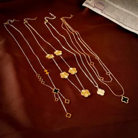 Stainless Steel Necklace Layered Four Leaf Clover Flower Pendant Black Gold Luxury Clavicle Chain Jewelry For Women
