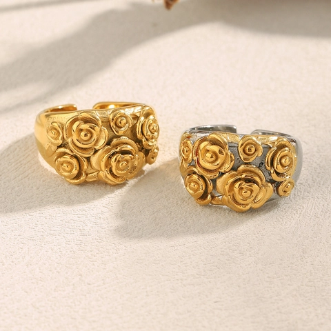 Franse Vintage Rozenbloem Cluster Ring 18K Verguld Roestvrij Staal Verstelbare Sieraden Voor Dames