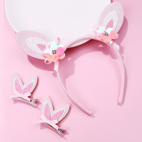 Cerchietto Con Orecchie Di Coniglio Con Paillettes Rosa E Mollette Accessori Per Capelli Carini Per Bambine Fiori Fiocco