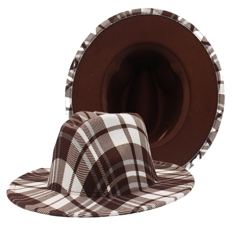 Plaid Fedora Hat Woolen Felt Wide Brim British Retro Scottish Check Jazz Cap For Men Women Vintage Fashion