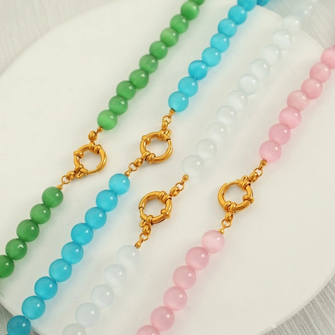 Cat Eye Stone Beaded Necklace Stainless Steel Gold Plated Clavicle Chain Round Beads Jewelry For Women Vacation Elegant Casual