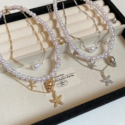 Collana Multistrato Lega Imitazione Perla Artificial Stella Marina Conchiglia Pendenti Stile Vacanze Spiaggia Bohémien Gioielli Eleganti