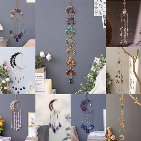 Tree Of Life Hanging Ornament Natural Crystal Stones Agate Slices Moon Star Suncatcher Boho Wall Home Decor Window