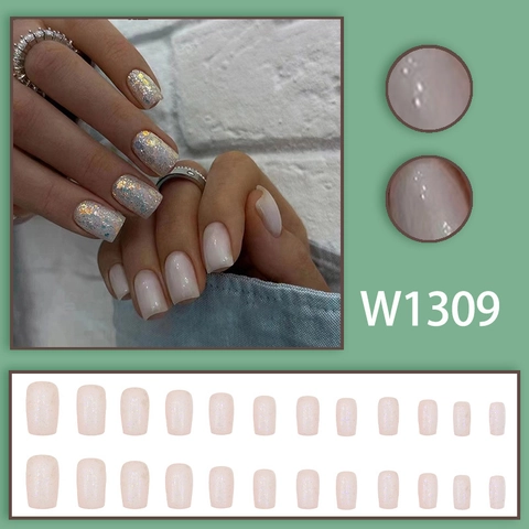 White Gradient Press On Nails Artificial Pearl Luster Glitter Colorful Sequins Square Shape Full Cover Simple Ins Style Plastic