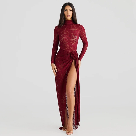 Body In Pizzo Trasparente E Gonna Maxi Con Spacco Collo Alto Schiena Scoperta Maniche Lunghe Abbigliamento Da Festa Sexy Donna