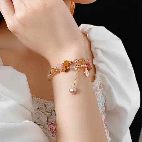 Pulsera Cuentas Doble Capa Cristal Piedra Natural Aleación Retrato Moneda Colgante Perla Artificial Estilo Vintage Mujer