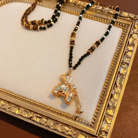 Vintage Tiger Eye Stone Beaded Pendant Necklace Gold Plated Copper Animal Shape Jewelry For Women Ethnic Style