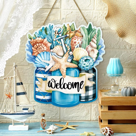 Nautical Ocean Theme Welcome Wood Sign Starfish Shell Anchor Hanging Plaque For Front Door Wall Decor Coastal Home Decoration