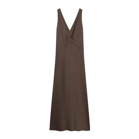 Vestito Maxi In Satina Da Donna Scollo A V Profondo Senza Maniche Schiena Scoperta Spalline Incrociate Sera Elegante Marrone Scuro
