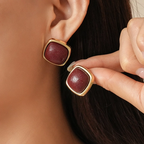 Retro Geometric Square Stud Earrings Alloy With Faux Leather And 925 Sterling Silver Earring Post For Women