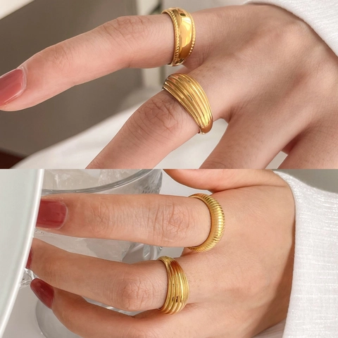 Stainless Steel Rings Gold Plated Multi Layer Textured Geometric Minimalist French Vintage Style Fashion Jewelry For Women