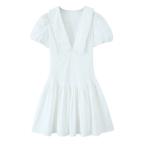 Women White Mini Dress Short Sleeve Puff Sleeve V Neck Lace Peter Pan Collar Pleated Poplin Solid Elegant Fashion