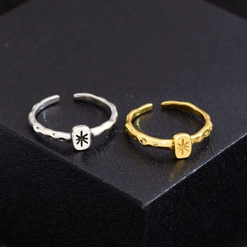 Bague En Cuivre Étoile Gravée Plaqué Or Argent Ajustable Ouverte Bijoux Texture Lave Vintage Minimaliste Pour Femmes