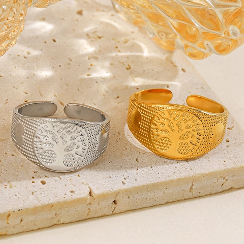 Anello Aperto Regolabile Vintage Albero della Vita per Donna in Lega di Zinco Placcato Oro 18K Cuore Foglia Rilievo Gioielli alla Moda