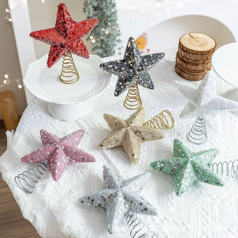 Christmas Tree Topper Star Glitter Sequin Foam Five Pointed Ornament With Metal Spring Base Holiday Party Decor