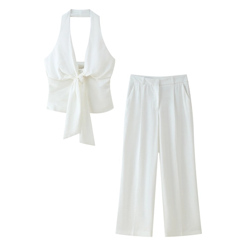 Damen Elegant Weiß Halterneck Top Und Weites Bein Hose Outfit Sommer Lässig Ärmellos Plissiert Hohe Taille Kleidung Kombination