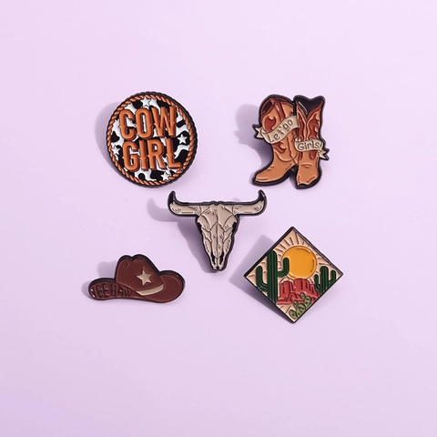 Western Cowboy Enamel Pin Alloy Cowboy Hat Boots Bull Head Cactus Desert Brooch Retro Fashion Accessory For Women Men Bags Jackets