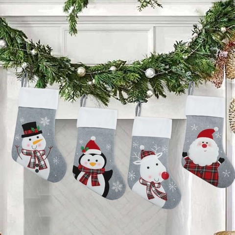 Calza Di Natale Sacchetto Regalo Feltro Babbo Natale Pupazzo Di Neve Renna Pinguino Ricamo Decoro Camino Sospeso Festa Casa