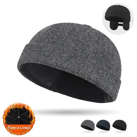 Docker Hat Woolen Fleece Lined Winter Warm Ear Flaps Brimless Miki Cap Adjustable Solid Color Retro