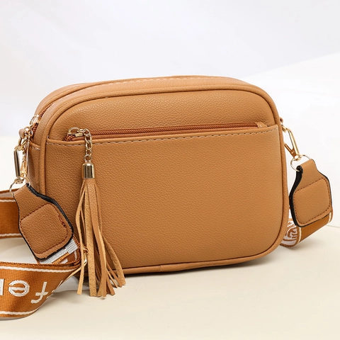Women Crossbody Bag PU Leather Litchi Pattern Tassel Camera Bag With Multi Zipper Wide Jacquard Strap Casual