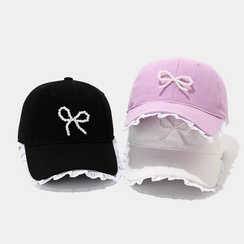 Cappellino Da Baseball In Cotone Da Donna Con Fiocco Di Künstliche Perle E Pizzo Regolabile Stile Dolce