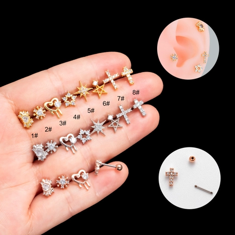 20G Stainless Steel Zirconia Stud Earrings Heart Star Cross Ball Screw Back Ear Bone Piercing Jewelry For Women