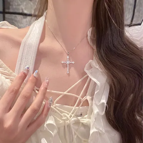 Shiny Zircon Cross Pendant Necklace Alloy Silver Color Minimalist Sweet Cool Style Jewelry For Women Men Sparkling
