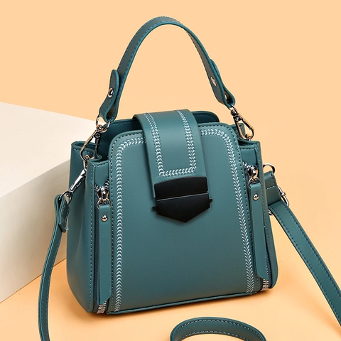 Women Crossbody Bag PU Leather Vertical Square Handbag Metal Buckle Sewing Decor Detachable Strap Urban Simple Style