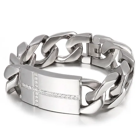 Men Stainless Steel Cuban Link Bracelet With Rhinestone Cross Infinity ID Plate Hip Hop Punk Fashion Jewelry