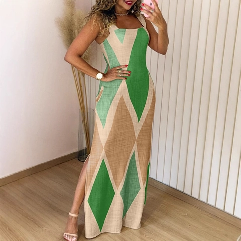 Sleeveless Geometric Print Maxi Dress Polyester Contrast Color Square Neck Side Slit Summer Slim Fit Vacation Women