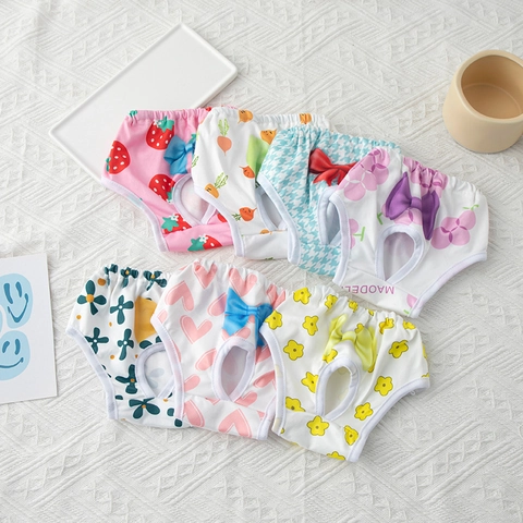 Cute Printed Dog Physiological Pants Polyester Elastic Waist Bowknot Pet Diapers For Female Dogs Cat Sanitary Panties
