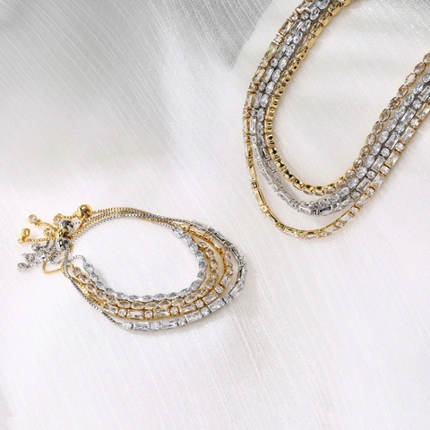 Copper Tennis Necklace And Adjustable Bracelet Marquise Baguette Zircon 18K Gold Plated Elegant Jewelry For Women