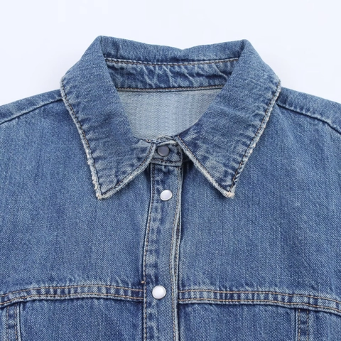 Robe Courte en Jean Décontractée pour Femmes Manches Longues Col Rabattu Simple Boutonnage Coupe en A Robe Denim Avec Boutons en Métal