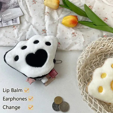 Plush Cat Paw Coin Purse Heart Embroidery Earphone Storage Bag Keychain Pendant Cartoon Style