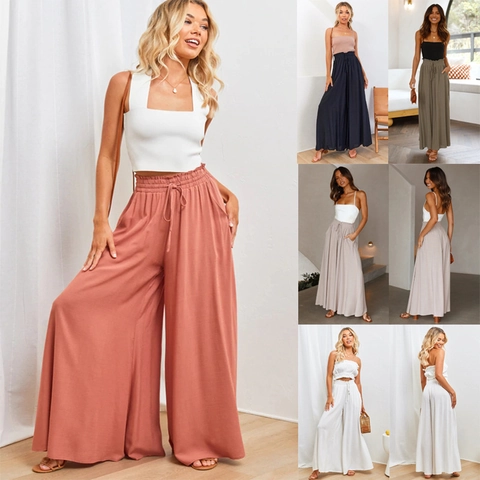 Women High Waisted Wide Leg Pants Loose Fit Drawstring Trousers With Pockets Summer Casual Vacation Solid Floral Print