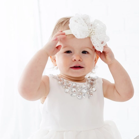Baby Girls Headband Large Lace Bow With Artificial Pearls Rhinestones Stretchy Elastic Hair Band Infant Princess Hair Accessories