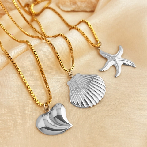 Stainless Steel Two Tone Gold Silver Heart Shell Starfish Ring Necklace Earrings Brooch Jewelry