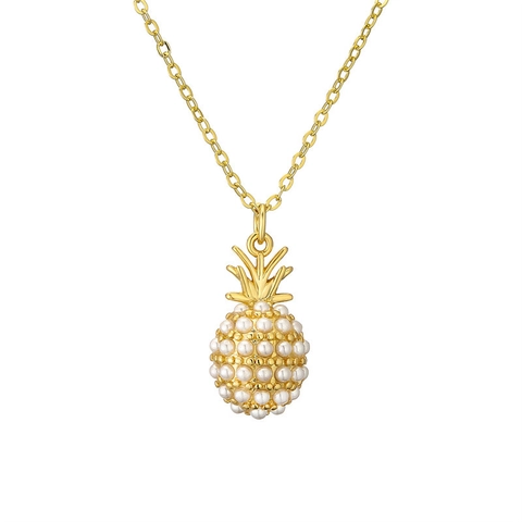 Pineapple Pendant Necklace Copper Gold Plated With Zircon And Faux Artificial Pearl Fruit Shape Retro Jewelry For Women