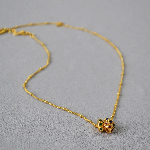 Collar de Cadena de Cuentas de Latón Chapado en Oro 18K Estilo Vintage Francés con Colgante de Barril de Circonia de Colores Joyería para Mujer