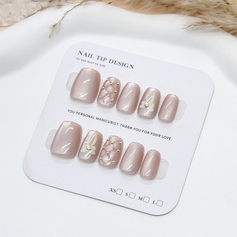 Künstliche Nägel Handgefertigt Bohnenpastenrosa Katzenaugeneffekt Mit 3D Schleife Und Strass Kurz Eckig Elegant Für Damen