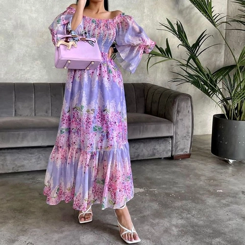Floral Maxi Dress Off The Shoulder Smocked Long Sleeve Ruffle Hem Polyester Violet Elegant Bohemian For Women