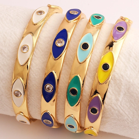 Evil Eye Open Cuff Bracelet 18K Gold Plated Brass Colorful Enamel Adjustable Bangle Bohemian Fashion Jewelry For Women