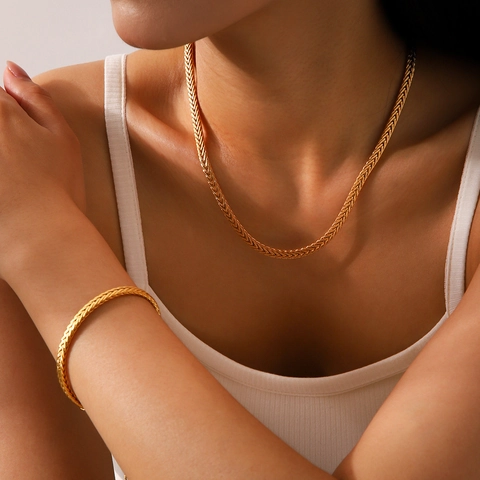 Collar Y Pulsera De Cadena Tejida De Acero Inoxidable Chapado En Oro De 18K Joyería Chic Minimalista Para Mujer