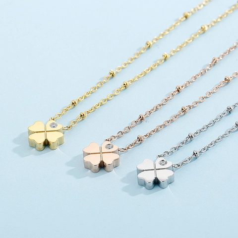 Four Leaf Clover Pendant Necklace Stainless Steel Heart Shape Zircon Inlay Elegant Jewelry For Women Clavicle Chain