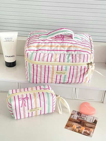 Quilted Cotton Makeup Bag Striped Bow Knot Portable Travel Cosmetic Organizer Sweet Large Capacity Storage Pouch