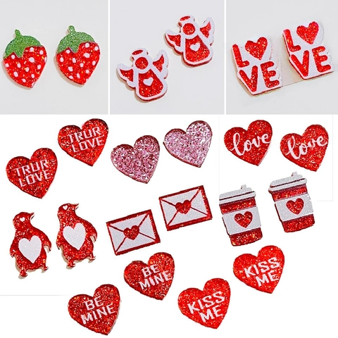 Glitter Acrylic Heart Stud Earrings Valentine's Day Shiny Strawberry Coffee Cup Letter Print Jewelry With Steel Earring Post